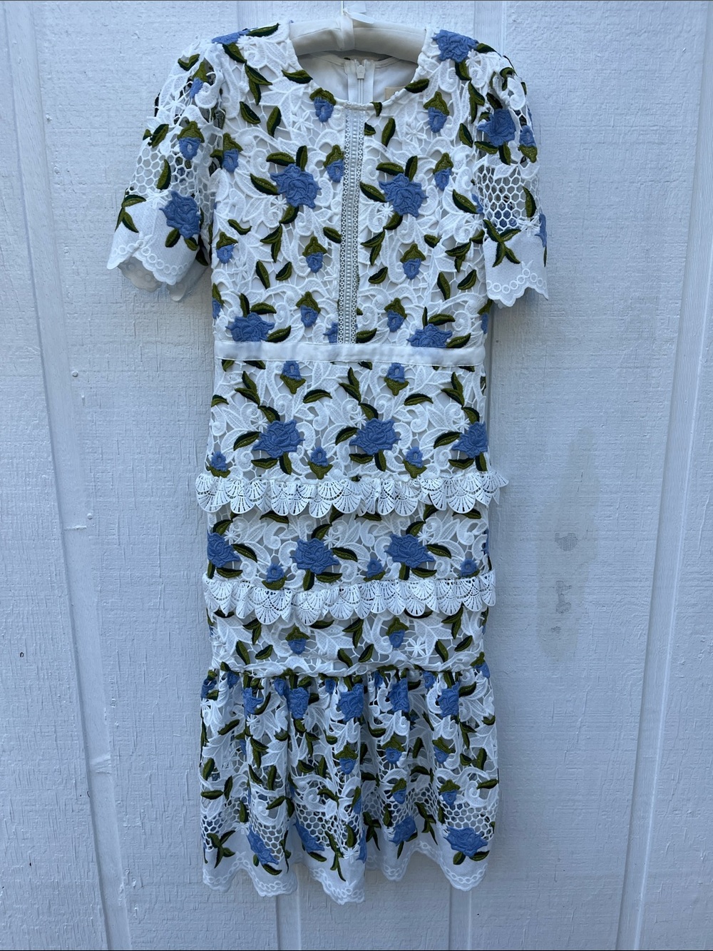 Just Me White Lace Midi Dress with Blue Floral Embroidery L